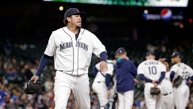 Seattle Mariners starting pitcher Felix Hernandez yells as he leaves the mound after being removed during the fourth inning of Wednesday's game.