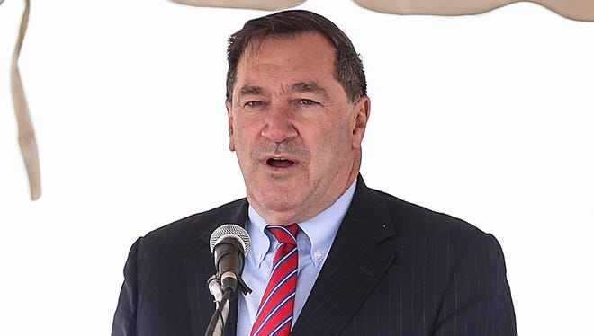 Sen. Joe Donnelly speaks before the ribbon-cutting for the Indiana Military Veterans Hall of Fame memorial building in Lawrence, Ind., Thursday, April 5, 2018. 