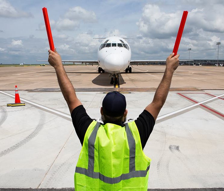 The South Terminal's first arrival -- an Allegiant flight from Albuquerque -- is welcomed to a gate on April 14, 2017.
