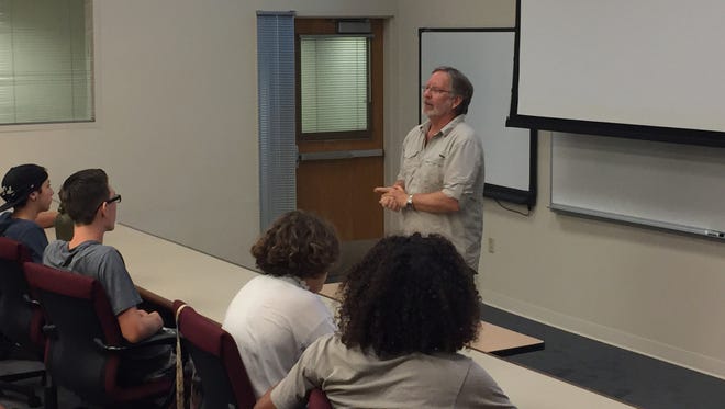 Assistant Research Ecologist Cameron Barrows met with students who are a part of the Joshua Tree National Park Youth Conservation Corps at University of California, Riverside Palm Desert on July 29, 2016 to talk about his research project and possible future endeavors.