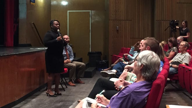 Traci Davis, superintendent for the Washoe County School District, describes overcrowding at a town hall on Monday in Wooster High School's theater.