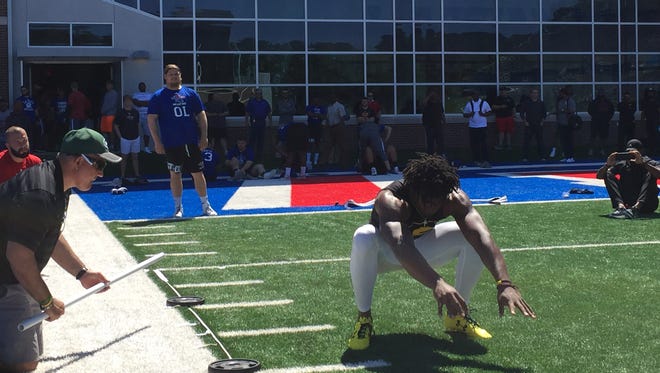 Grambling's Chad Williams leaps 10.3 feet in the standing broad jump during Pro Day at Louisiana Tech on Tuesday.