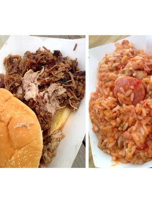 The Stockyard sandwich, left, from Squealer's and the jambalaya from Swamp Daddy's.