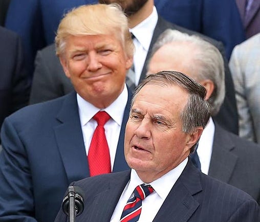 Apr 19, 2017; Washington, DC, USA; New England Patriots head coach Bill Belichick (M) speaks as President Donald Trump (L) and Patriots owner Robert Kraft (M-R) and Patriots president Jonathan Kraft (R) listen at a ceremony honoring the Super Bowl LI
