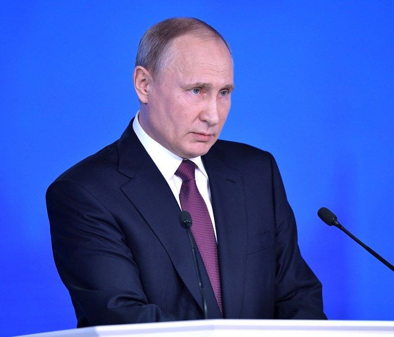 Russian President Vladimir Putin delivers his annual address to the Federal Assembly in Moscow on March 1.