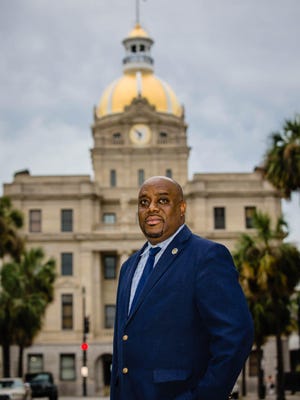 Savannah Mayor Van Johnson II stands in front of Savannah City Hall, where hundreds gathered Sunday, May 31, 2020, to peacefully protest the killing of George Floyd.