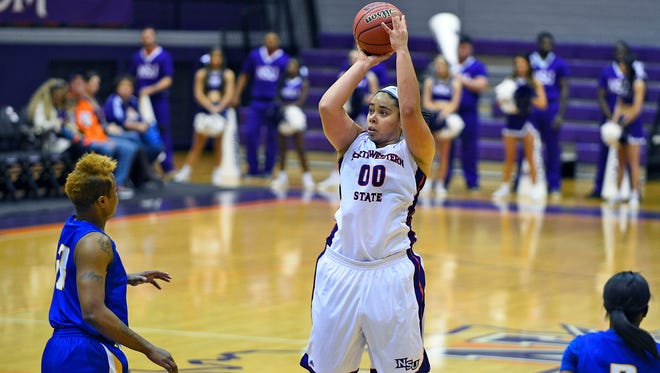 Northwestern State's Emerald Mayfield takes a shot against LeTourneau.