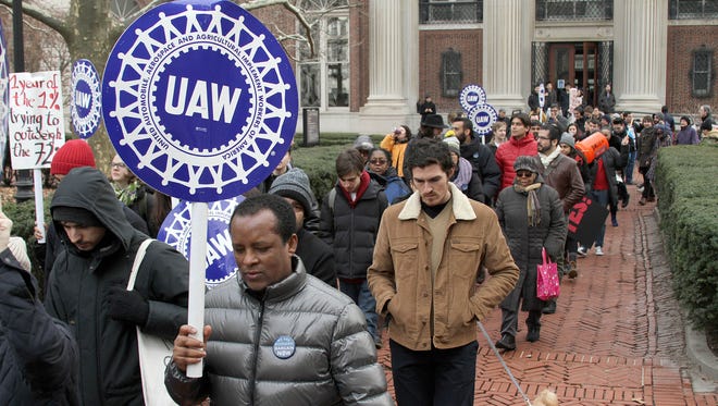 Graduate workers and their allies rallied on the campus of Columbia University in New York on Feb. 1, 2018, to protest the school's refusal to bargain with their union, the UAW.