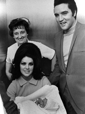 Elvis and Priscilla Presley with Lisa Marie at Baptist Hospital. Born Feb. 1, 1968, the baby weighed 6 pounds, 15 ounces.