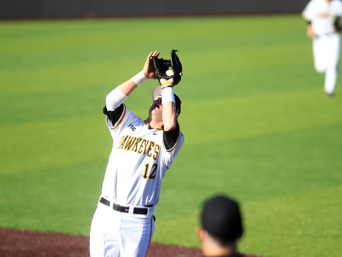 Iowa's Jake Mangler pulls in a fly ball during the