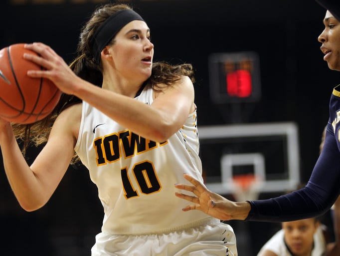 Iowa's Megan Gustafson looks for an open teammate during