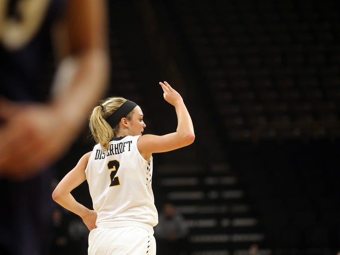 Iowa's Ally Disterhoft celebrates a 3-pointer during