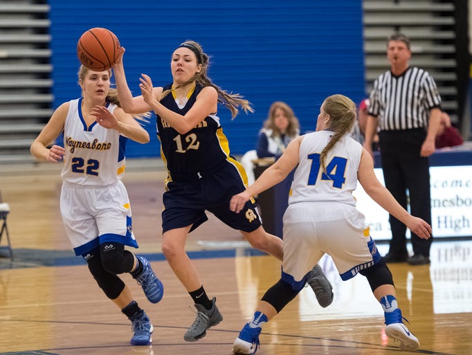 Waynesboro's defense Catharine Weber (22) and Elizabeth
