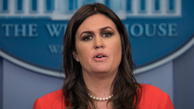 White House spokesperson Sarah Huckabee Sanders speaks at the press briefing at the White House in Washington, Nov. 1, 2017.