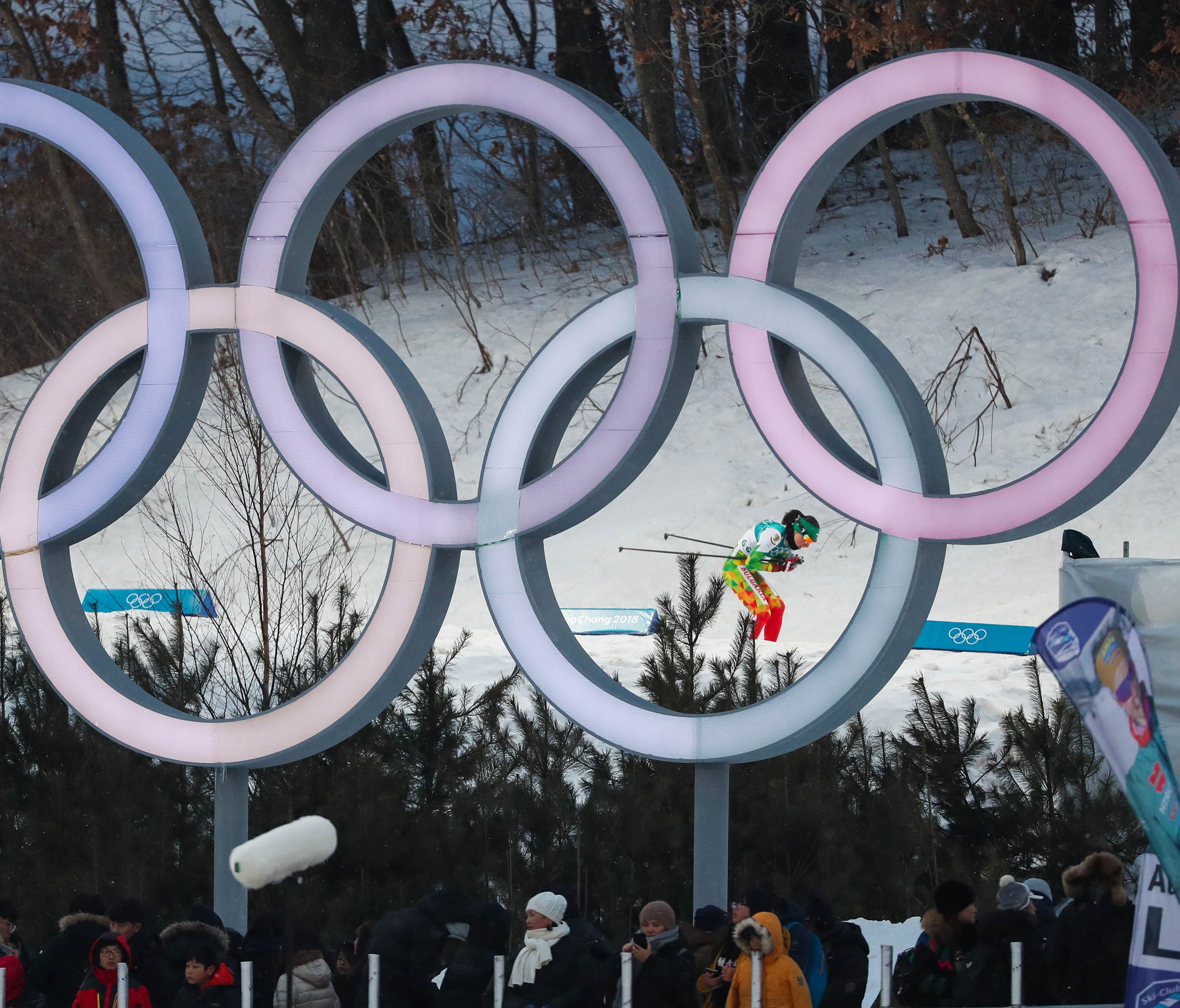 View of the rings as Antoniya Grigorova (BUL) competes in the cross country skiing ladies sprint classic qualification during the 2018 Winter Olympics.