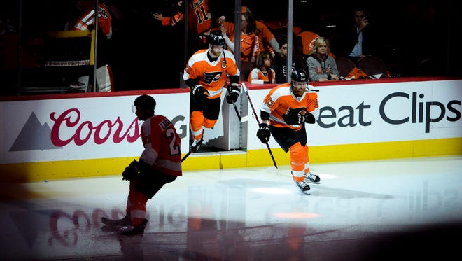 The Flyers take the ice in game four of a playoff series against the Pittsburgh Penguins Wednesday, April 18, 2018 at the Wells Fargo Center in Philadelphia, Pa.