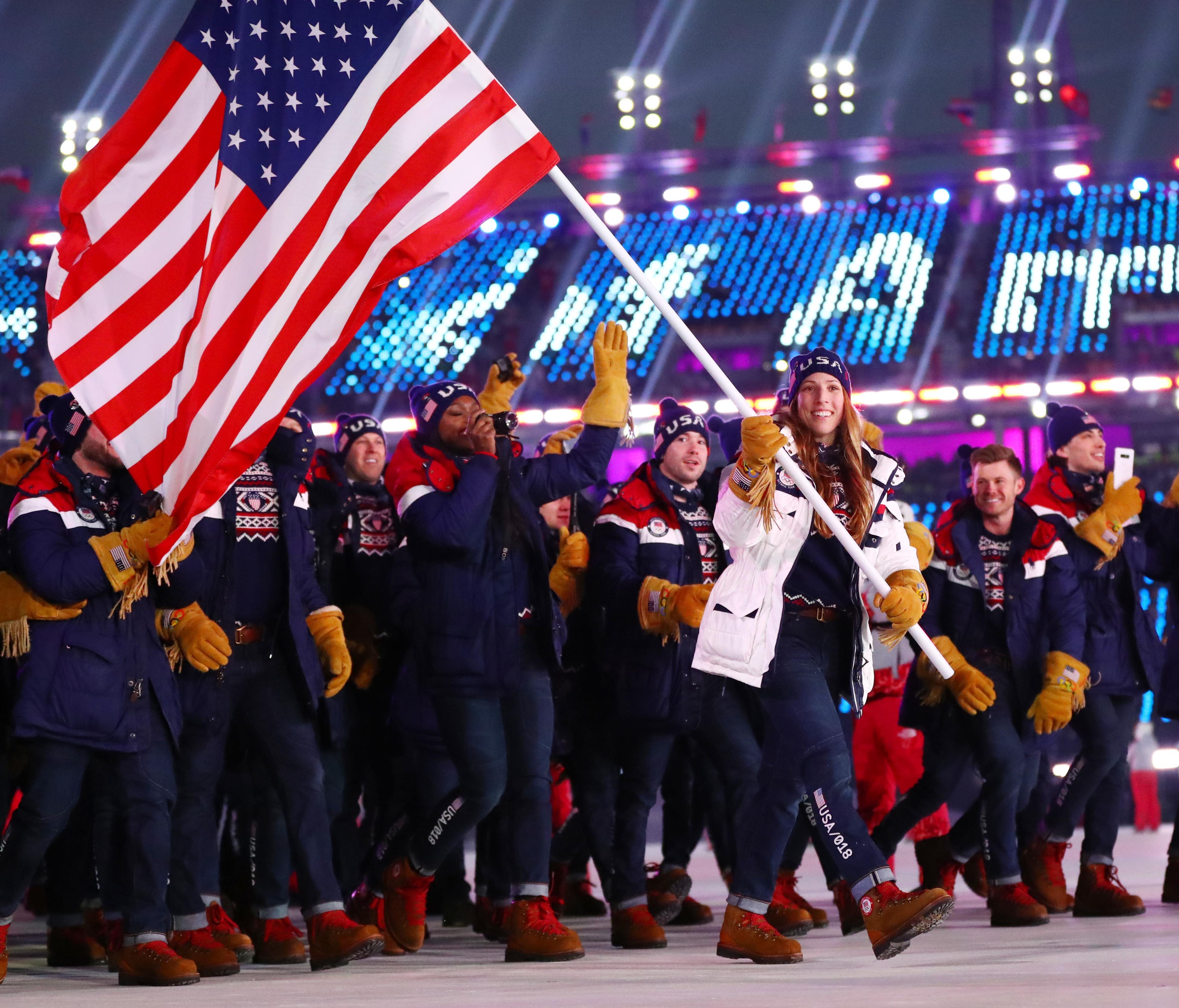 Erin Hamlin leads the delegation from the United States during the opening ceremony for the Pyeongchang 2018 Olympic Winter Games, Feb. 9, 2018.