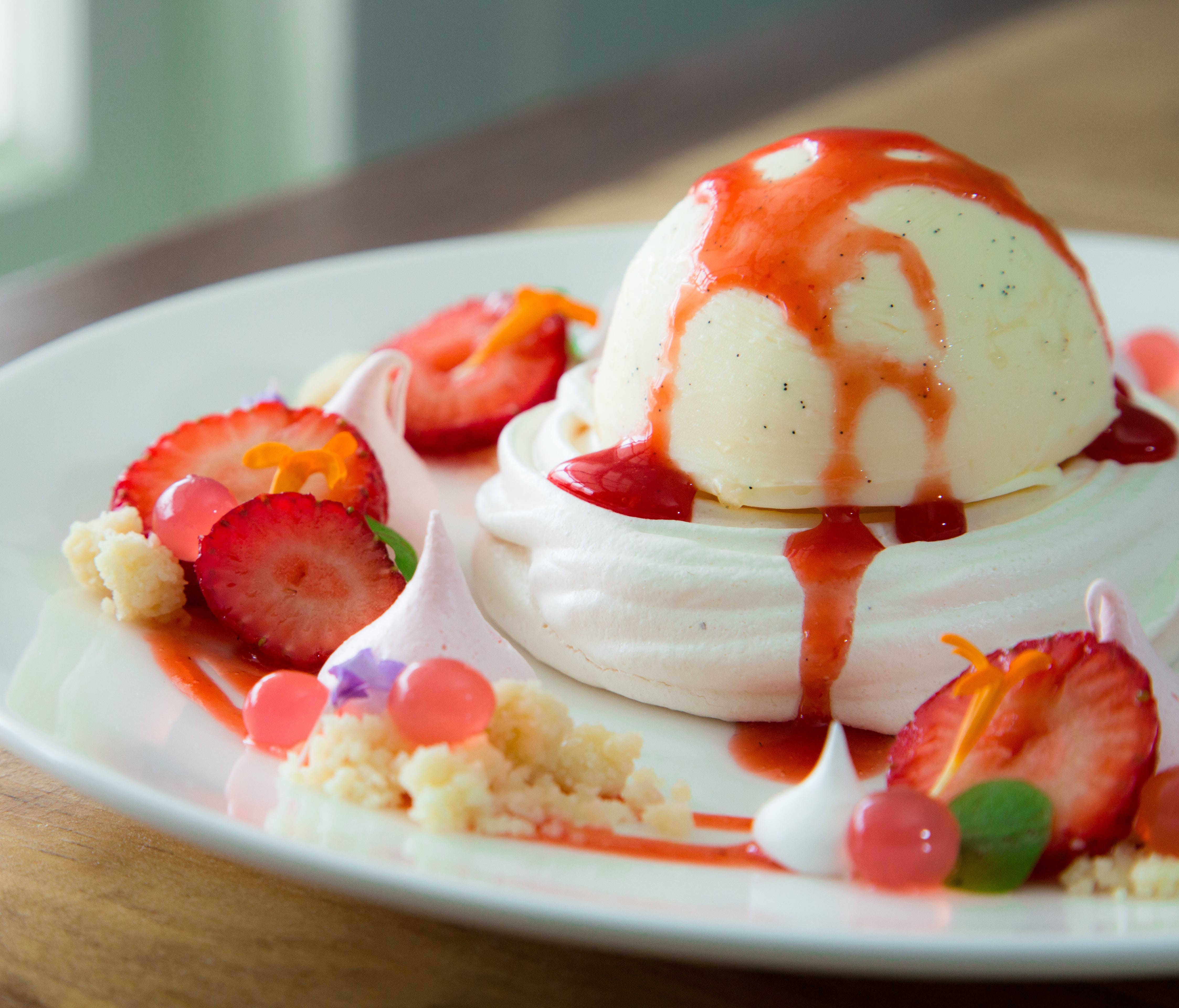 In Salado, Texas, Stagecoach Inn offers the Strawberry Kiss dessert, a meringue topped with vanilla bean ice cream and fresh strawberry sauce.