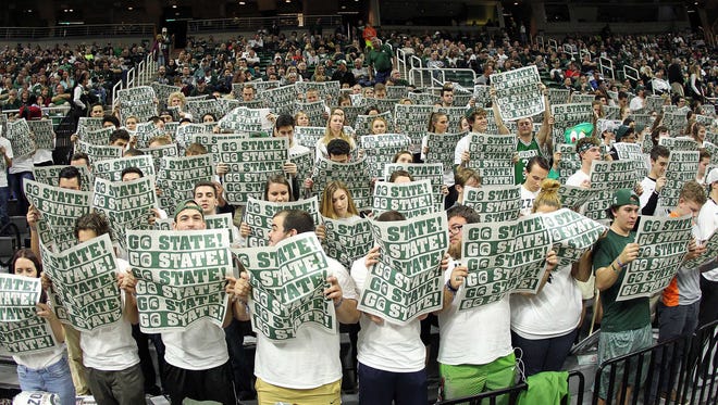The Michigan State student section performs prior to a game against the Mississippi Valley State Friday at Breslin Center.