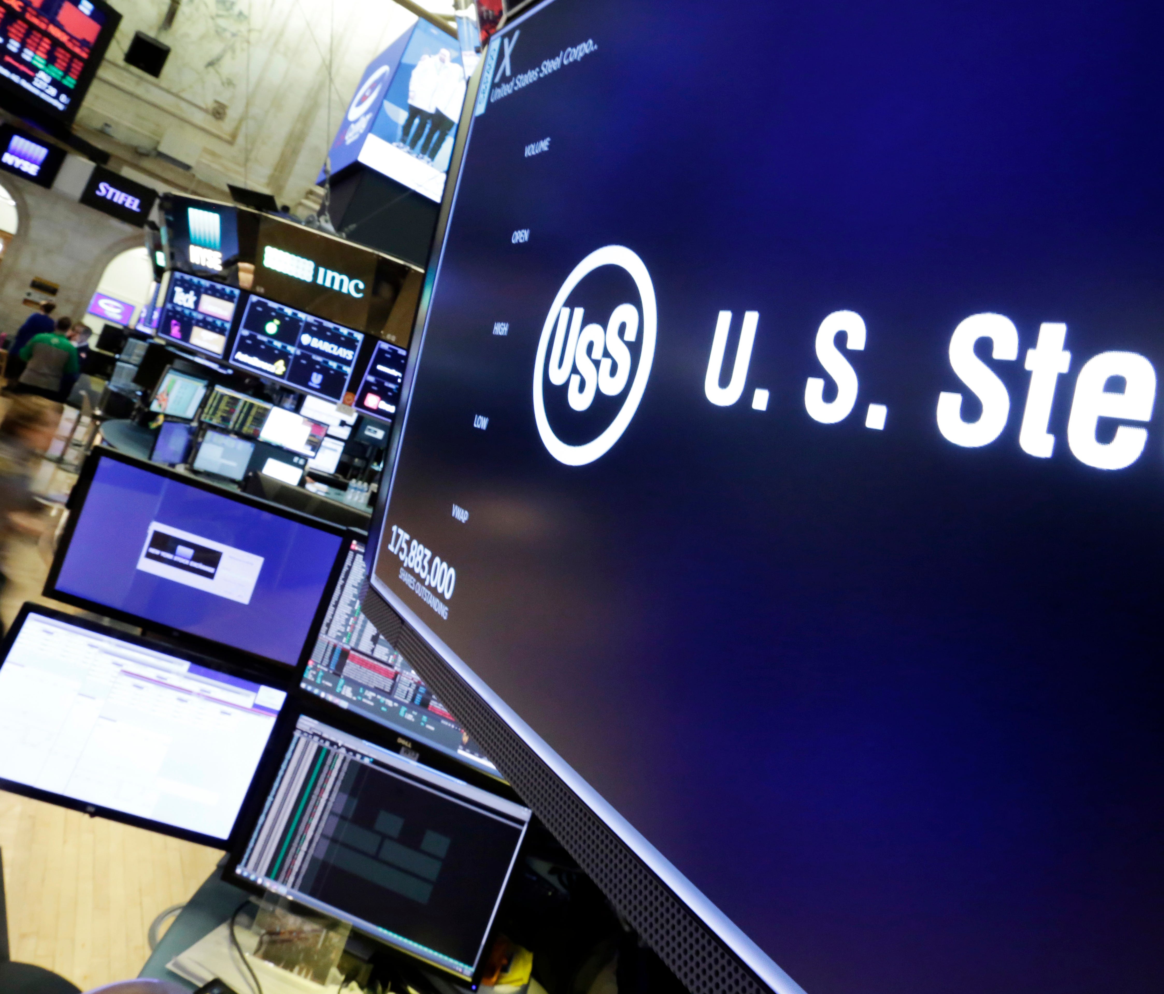 The logo for U.S. Steel appears above a trading post on the floor of the New York Stock Exchange, Friday, March 2, 2018. President Donald Trump on Friday insisted 
