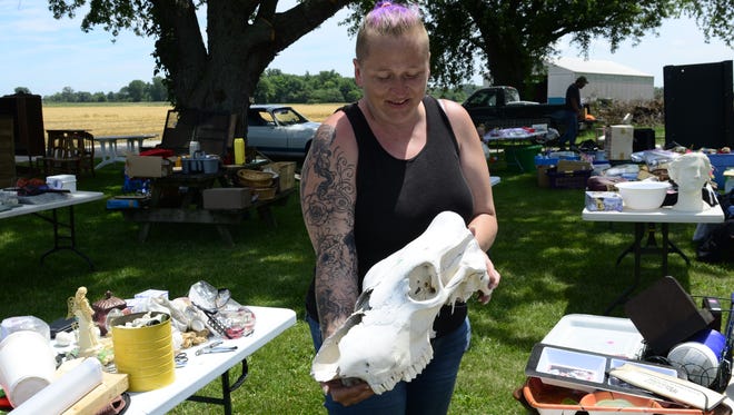 Amanda Welter sells cow skulls in a garage sale at her house on Route 53 in Port Clinton. She gets the skulls from a family member who raises cows for meat in Sandusky County. She also paints and displays the skulls as decorative art.