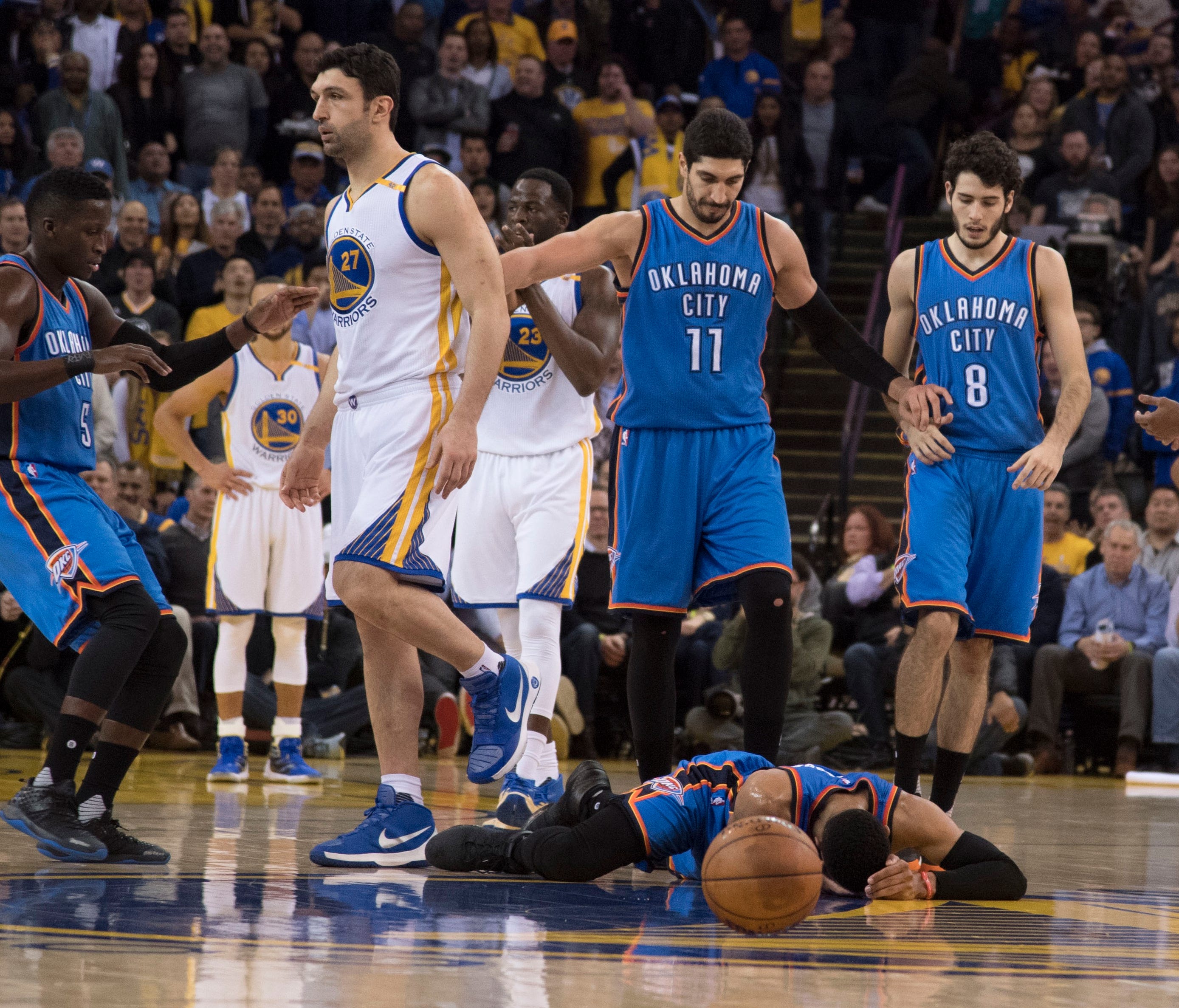 Zaza Pachulia was assessed a flagrant-1 for his hard first-half hit on Russell Westbrook.