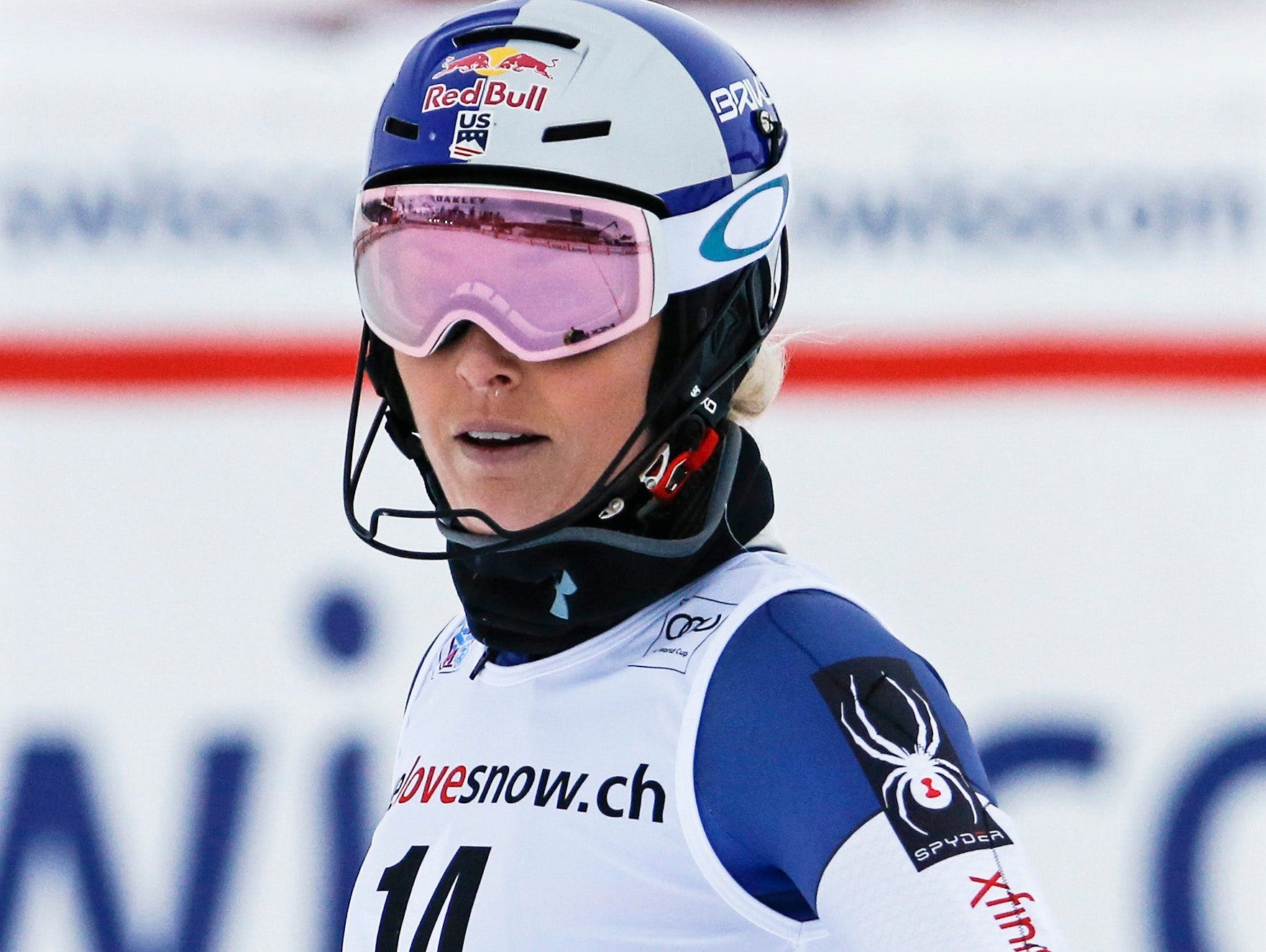 Lindsey Vonn reacts in the finish area during the women's slalom of the alpine combined race of the FIS Alpine Skiing World Cup in St. Moritz, Switzerland.