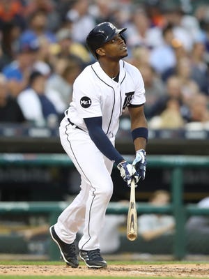Justin Upton flies out against the Royals during the fourth inning Wednesday, June 28, 2017 at Comerica Park in Detroit.