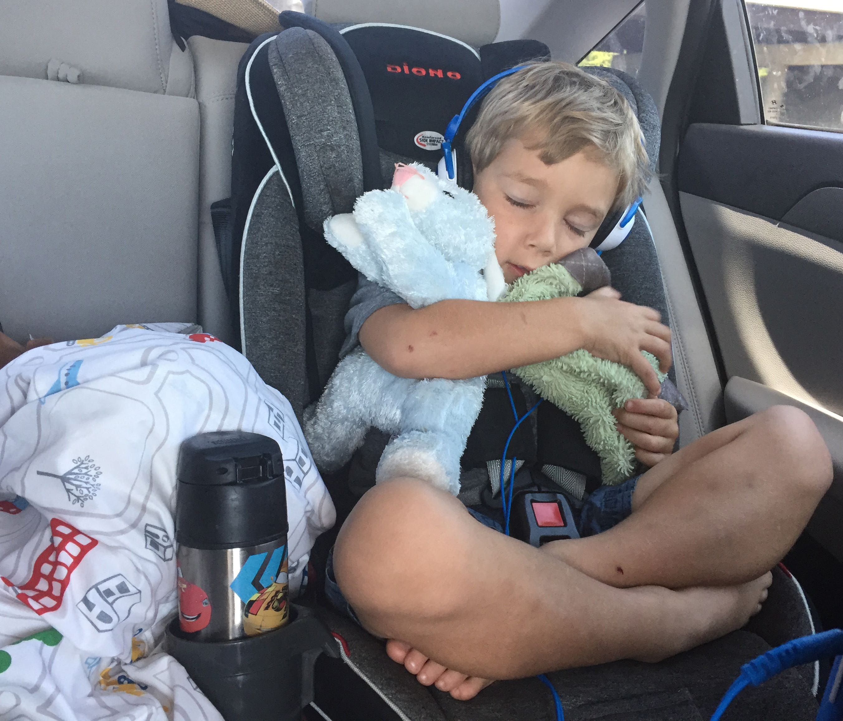 Having favorite stuffed animals and pillows in the car can make naps more comfortable.