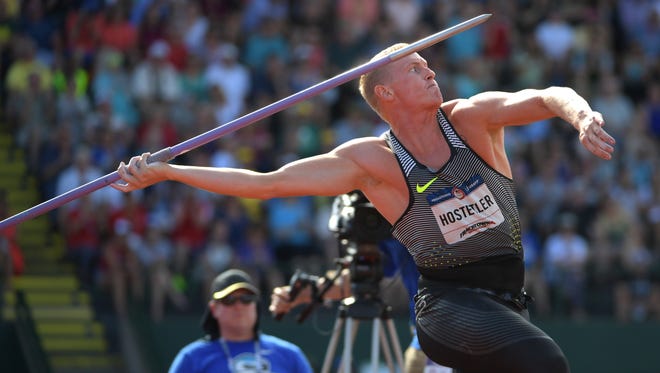 Jul 4, 2016; Eugene, OR, USA; Cyrus Hostetler competes during the men’s javelin throw final in the 2016 U.S. Olympic track and field team trials at Hayward Field. Mandatory Credit: Kirby Lee-USA TODAY Sports