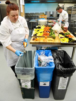 Shara Lunn uses bins for fruit and vegetable peelings Thursday, April 27, 2017, at the Country Music Hall of Fame and Museum. Three bins are grouped together in several places, including the kitchens, banquet areas and staff break room, to separate compost from recycling and waste.