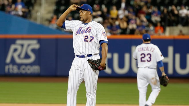 New York Mets relief pitcher Jeurys Familia (27) reacts during the ninth inning of a baseball game against the Miami Marlins Wednesday, May 23, 2018, in New York. The Marlins won 2-1.