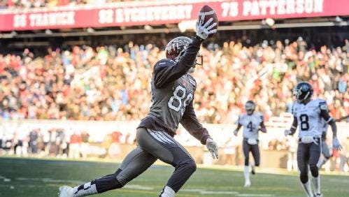 Duron Carter #89 of the Montreal Alouettes celebrates his touchdown during the second half of the CFL game against the Toronto Argonauts at Percival Molson Stadium on November 2, 2014 in Montreal, Quebec, Canada. The Montreal Alouettes defeated the Toronto Argonauts 17-14.