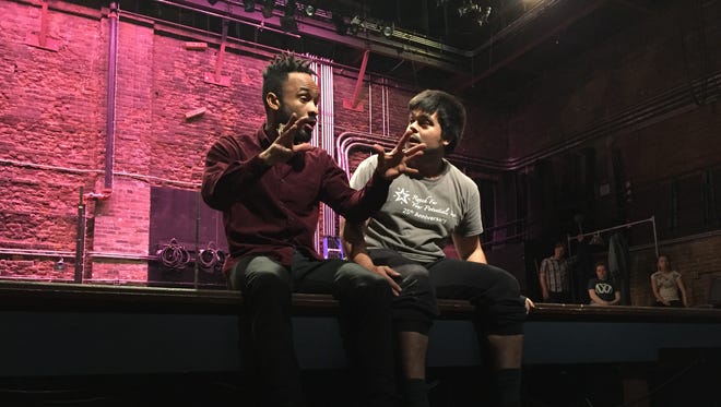 Barrington Vaxter, left, as Bruno Littlemore and Chuy Renteria, right, as young Bruno in "The Evolution of Bruno Littlemore" at The Englert Theatre.