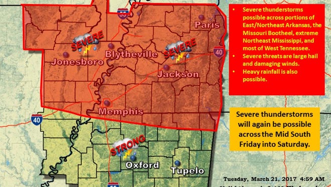 The National Weather Service in Memphis has issued a severe weather outlook across portions of the Mid-South today.