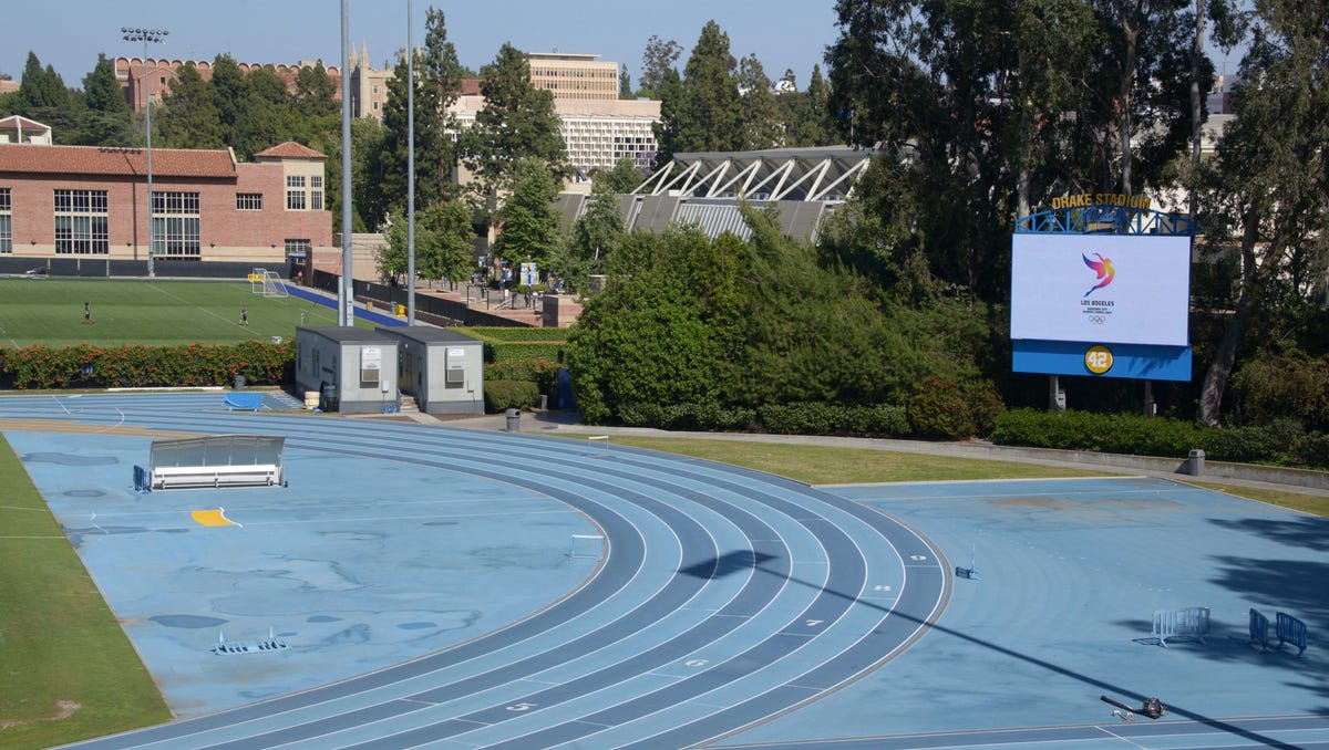 A general view of Drake Stadium and Pauley Pavilion on the campus of UCLA. Pauley Pavilion is a proposed venue for judo and wrestling for the 2024 Los Angeles Olympic Games. Drake will serve as a track and field practice facility.