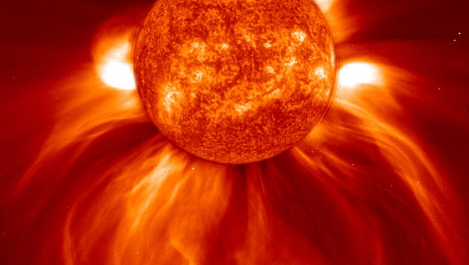 A giant eruption streaming off the sun captured by the SOHO satellite.