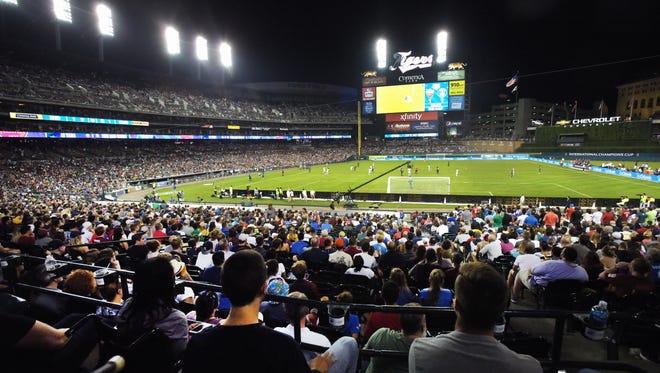Detroit Tigers home field is transformed into a soccer stadium for the AS Roma vs Paris Saint-Germain soccer match with an attendance of over 33,000.