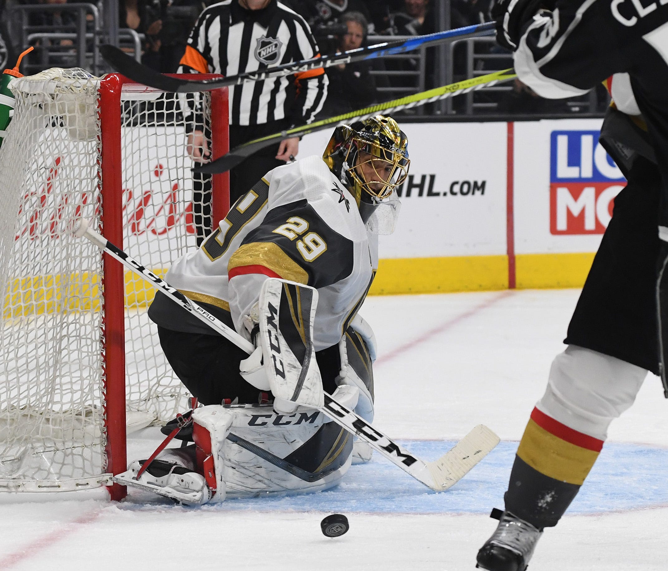 Vegas Golden Knights goaltender Marc-Andre Fleury (29) makes a save off a shot on goal by Los Angeles Kings left wing Kyle Clifford (13) in the second period of Game 4.