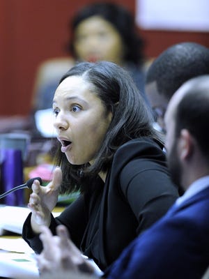 Council member Mary Sheffield asks questions of executives from Advanced Disposal Services, Inc. and GFL Environmental USA, Inc. as they address Detroit City Council members during their Regular Session, Wednesday morning, November 9, 2016. They both are contracted to provide garage and recycling pickup services for Detroit. GFL acquired Rizzo Environmental Services on Oct. 1.
