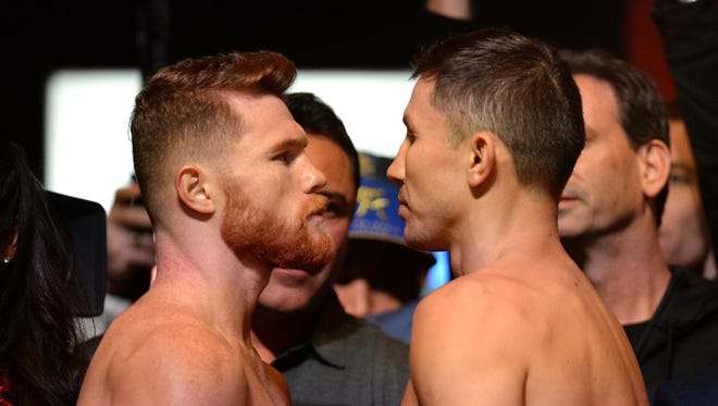 Sep 15, 2017: Canelo Alvarez (left) and Gennady Golovkin face off during weigh-ins at MGM Grand Garden Arena.