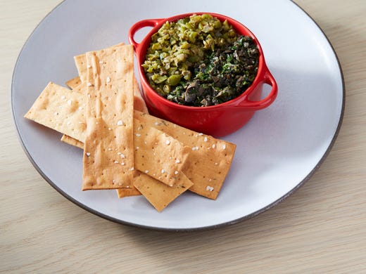 The olive tapenade duo and bread crisps have 16.6 mg