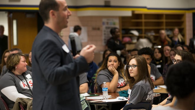 Students from Rochester-area schools listen to Drew Schwartz, the founder of Gateway2Change from St. Louis, at Irondequoit High School on Friday, January 8, 2016. 
