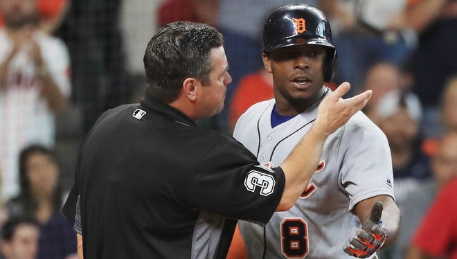 Justin Upton, right, of the Detroit Tigers argues with umpire Rob Drake after being called out on strikes against the Houston Astros on April 17, 2016, in Houston.