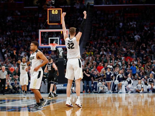 Purdue forward Matt Haarms reacts after the Boilermakers