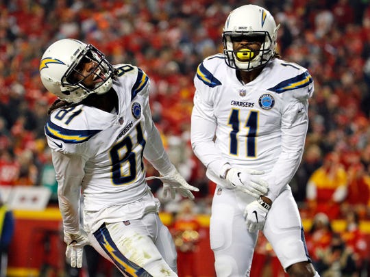 FILE - In this Thursday, Dec. 13, 2018, file photo, Los Angeles Chargers wide receiver Mike Williams (81) celebrates his touchdown with wide receiver Geremy Davis (11) during the second half of an NFL football game against the Kansas City Chiefs in Kansas City, Mo. One year after being the seventh overall pick, Williams is showing why he was a first-round pick by the Chargers. (AP Photo/Charlie Riedel, File)