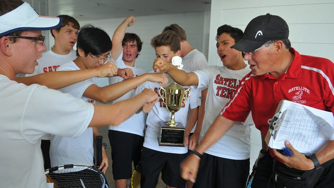 Satellite High tennis team celebrates their 7th year winning the Mike Cherry High School Skills competition held Sunday afternoon at the Kiwi Tennis Club in Indian Harbour Beach.