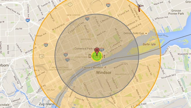 A visualization of a W-87 bomb detonating in Detroit.