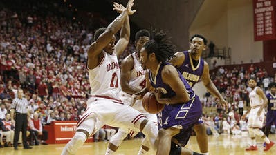 Alcorn State men's basketball player Malachy Onwudiegwu, pictured against Indiana, and his teammates will be ineligible for the NCAA Tournament next year.