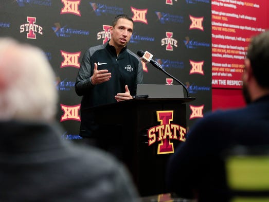 Iowa State Football Coach Matt Campbell gives a press